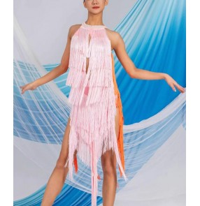 Women pink orange tassels latin dance dresses for girls female long fringe modern dance salsa rumba chacha ballroom dance wear for female